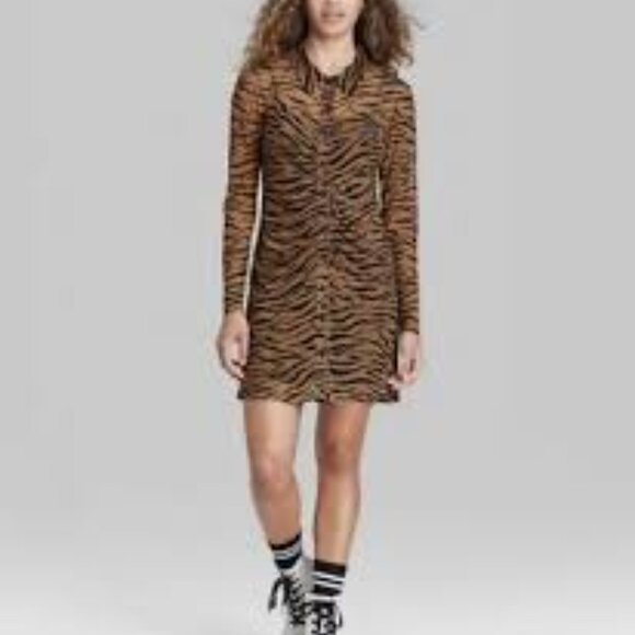 Wild Fable Animal Zebra Print Sheer Shirt Dress Mini Button Front Ruched XXL - Picture 8 of 14